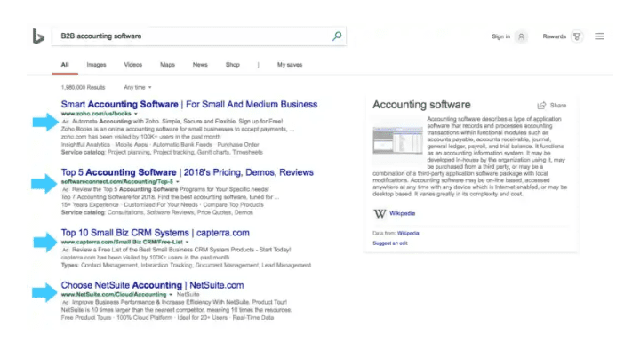 Business-to-business advertising "Bing search of the same keyword with Google search"